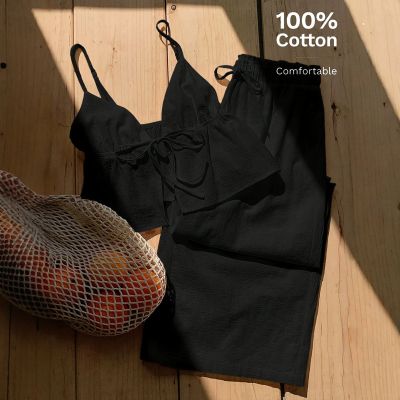Women's Black Cotton and Linen Local Vest and Pants Two-Piece Set, Suitable for Summer Wear