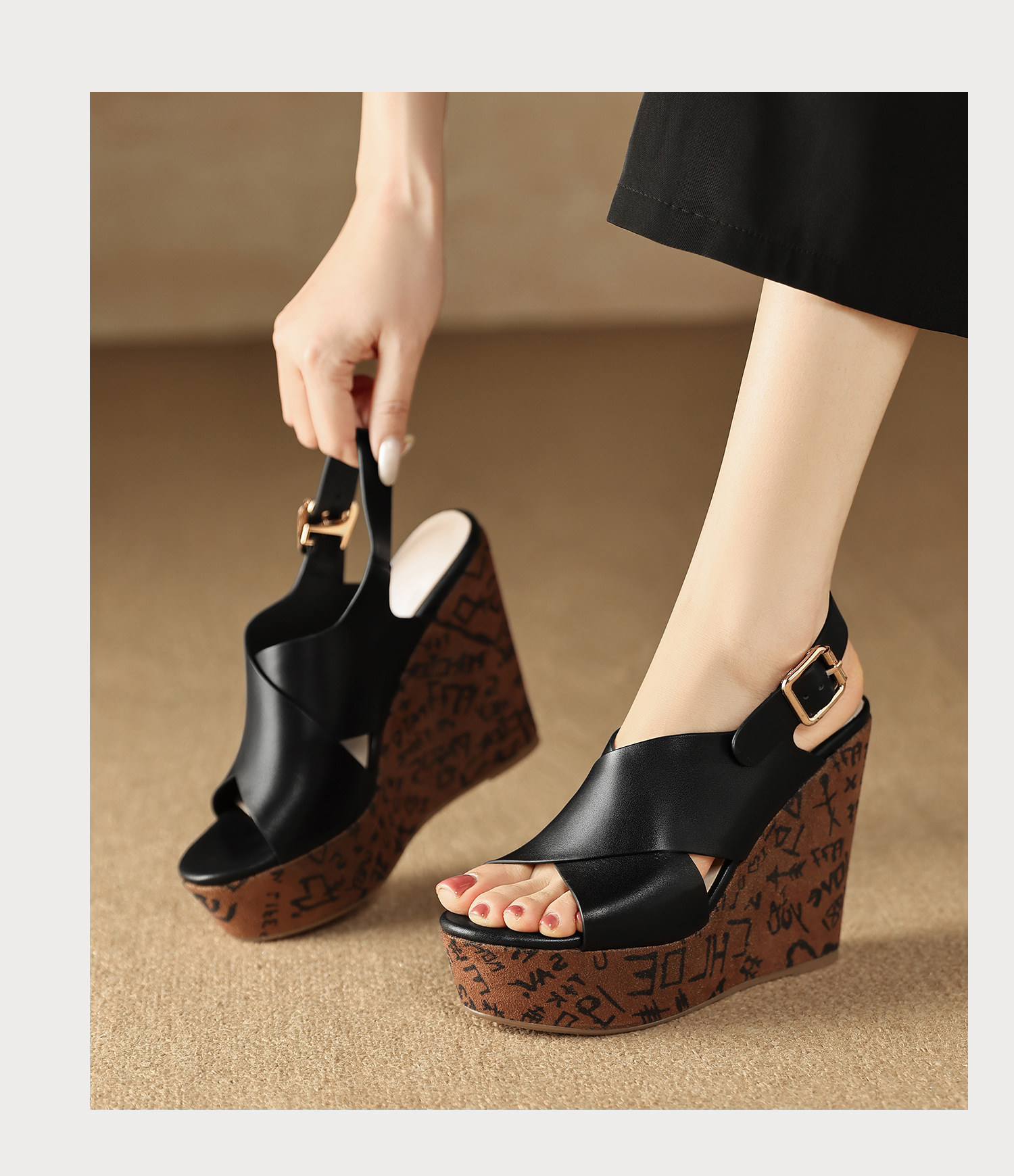 Sandal cao gót nữ mũi hở quai chéo đế xuồng platform gót 9 cm — màu đen, màu trắng ngà chi tiết 13