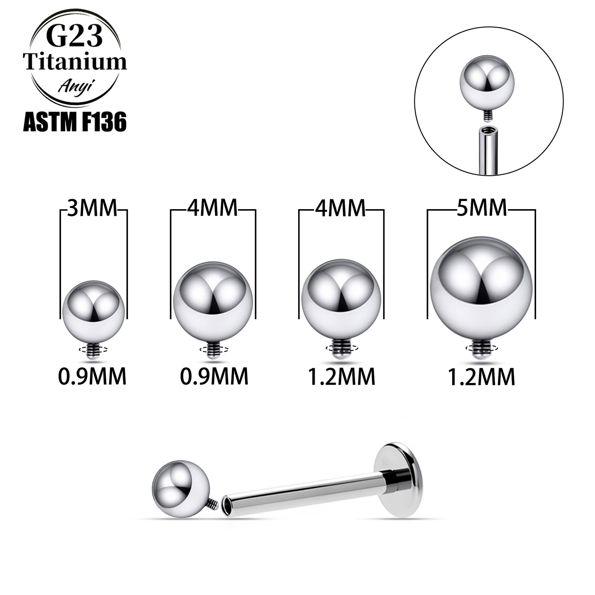 Серьги-шарики из титанового сплава F136 с внешней резьбой, украшения для пирсинга губы, уха, хряща, аксессуары для пирсинга тела