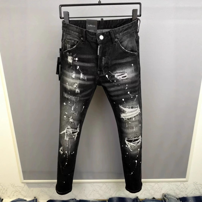 2026 Spring/Summer New D2 Trendy Men's Washed Distressed Patched Painted Slim Fit Black Jeans for Men 2026 Spring/Summer New D2 Trendy Men's Washed Distressed Patched Painted Slim Fit Black Jeans for Men