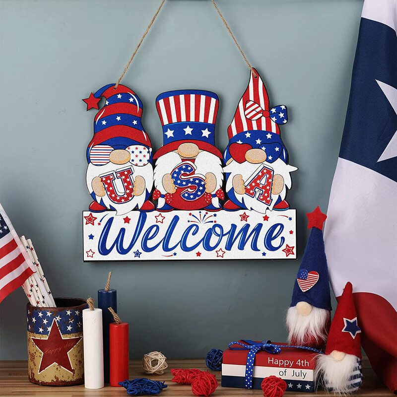 Cross-border independence day dwarf hanging decorations patriotic wooden sign front door family farmhouse porch hanging