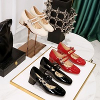 1389-1 Sweet Daily Women's Shoes Coarse Heel Middle Heel Versatile Water Diamond Buckle Lacquered Leather Strap Mary Jane Single Shoe