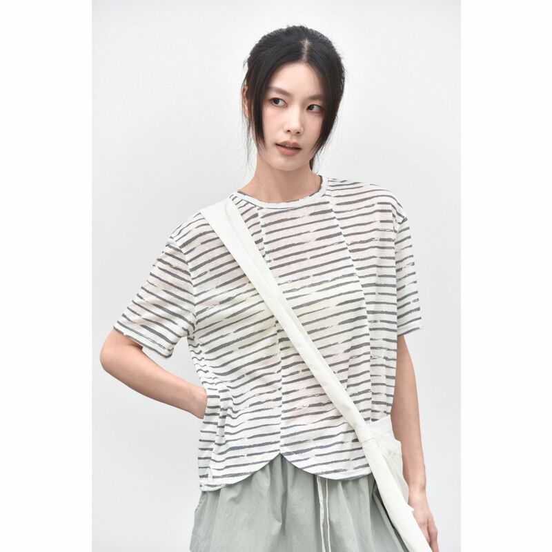 【There's Also a Mountain】Multi-Panel Spliced Herringbone Petal Hem Tencel Round Neck Soft Pullover Striped T-Shirt 5985 # 【There's Also a Mountain】Multi-Panel Spliced Herringbone Petal Hem Tencel Round Neck Soft Pullover Striped T-Shirt 5985 #
