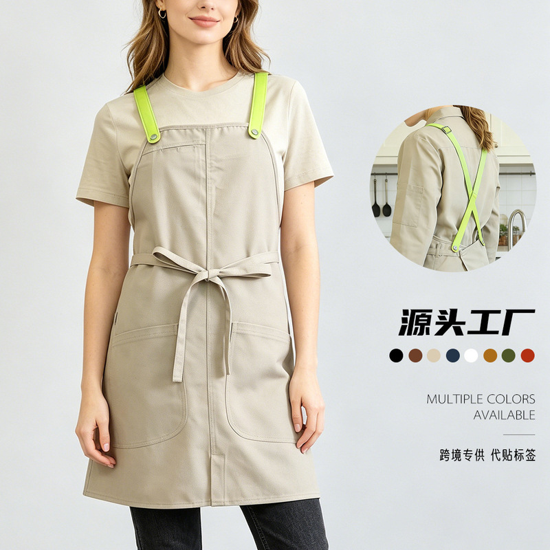 Cross-border polyester-cotton apron for cafes, florists, milk tea shops, nail salons, bakeries, and Western restaurants, customizable with logo