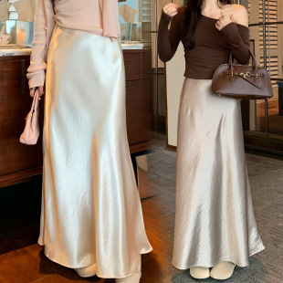 Maternity Dress Spring and Autumn New Summer Vinegar Satin Covering Cross Slim A- line Long Dress High Waist Dummy Fishtail Skirt Skirt