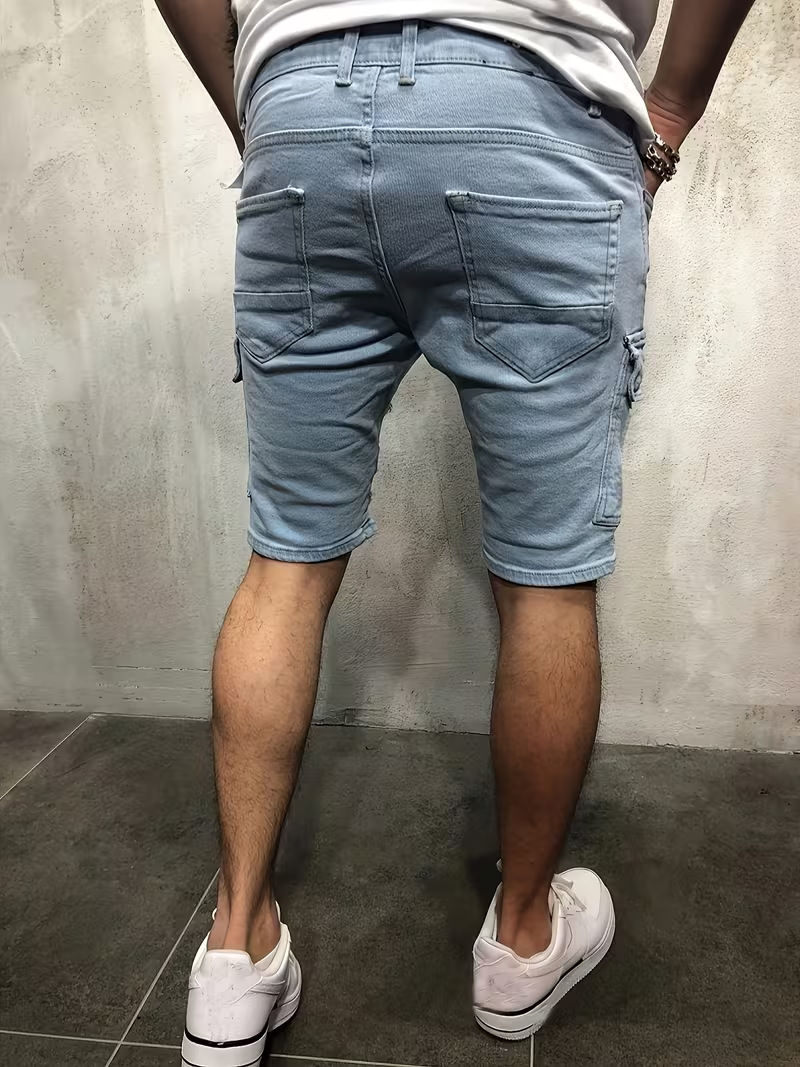 Men's Ripped Denim Shorts, Summer Stretch Cotton Cargo Shorts With Side Pockets, Slim Fit Casual Streetwear Style_viptrois.com