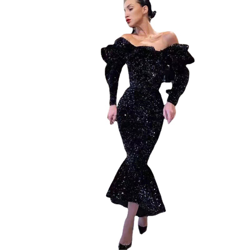 Europa y América Amazon AliExpress deseo mujeres Comercio exterior vestido de noche hermoso elegante sexy manga larga vestido de lentejuelas