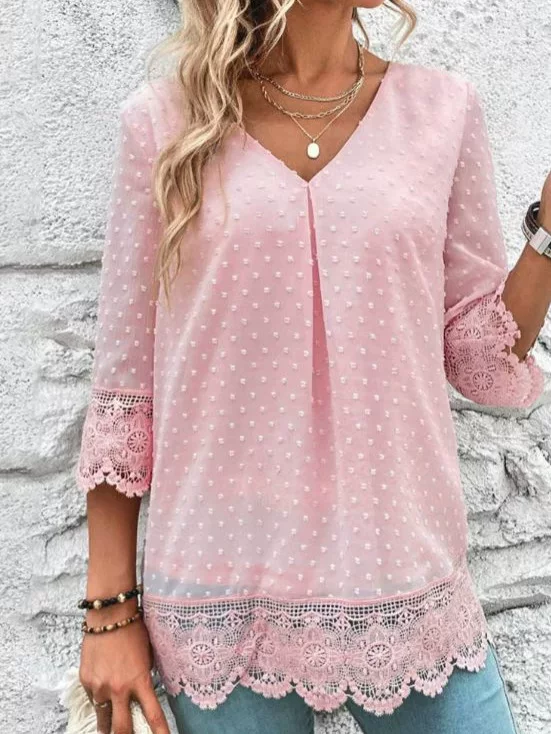 2025 summer new Amazon European and American cross-border temperament V-neck three-quarter sleeve hollow lace top women's clothing