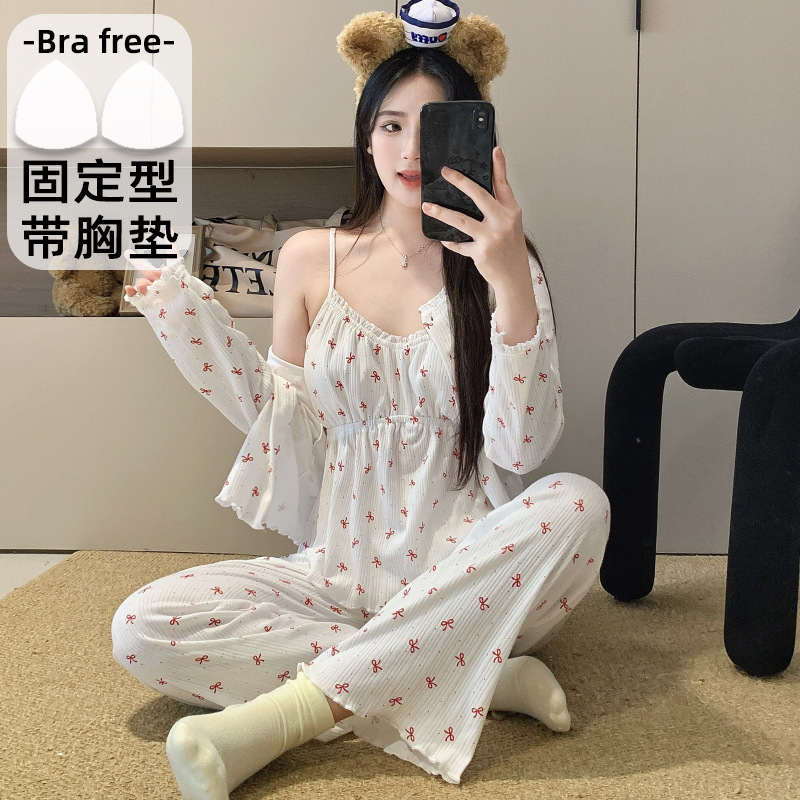 2025春夏季新款三件套6535棉带胸垫可拆卸背心+长袖+长裤女士睡衣|undefined