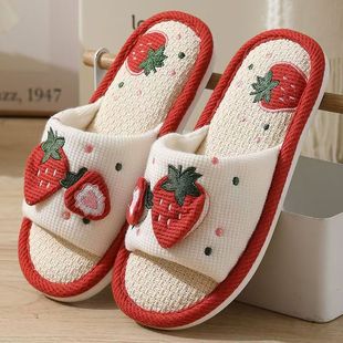 Ll Linen Strawberry Indoor Floor Slippers Home Sweat-Absorbent Silent Cotton and Linen Anti-Slip Soft Bottom Deodorant Linen Four Seasons Spring