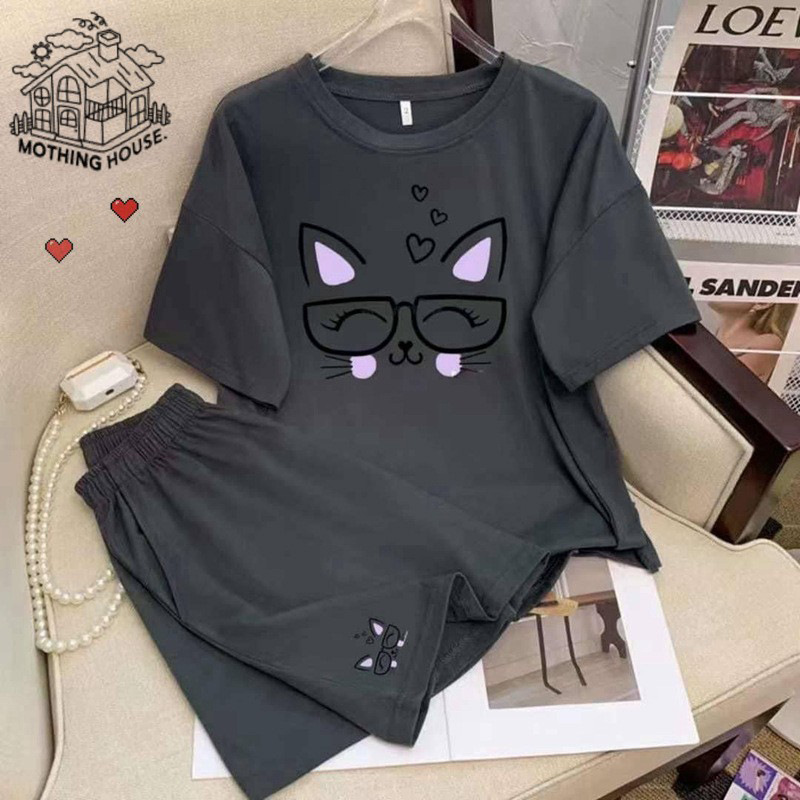 Southeast Asian casual outfit for women, new summer style, cartoon print short-sleeve shorts, lightweight student sports two-piece set, trendy Southeast Asian casual outfit for women, new summer style, cartoon print short-sleeve shorts, lightweight student sports two-piece set, trendy