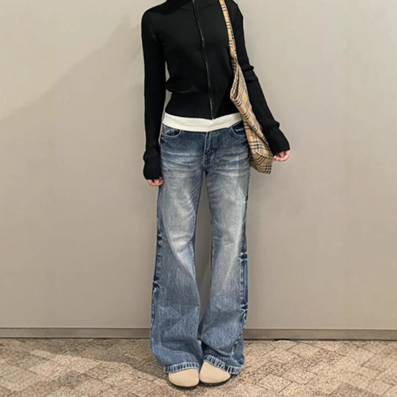 Vintage Washed Low-Rise Flared Jeans for Women, Autumn Loose Straight Drape Floor-Length Wide-Leg Pants Vintage Washed Low-Rise Flared Jeans for Women, Autumn Loose Straight Drape Floor-Length Wide-Leg Pants