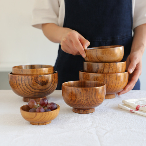 Li Ziqi style eating show wooden bowl, jujube wood rice bowl, baby complementary food wooden bowl, salad and fruit bowl, retro bowl set
