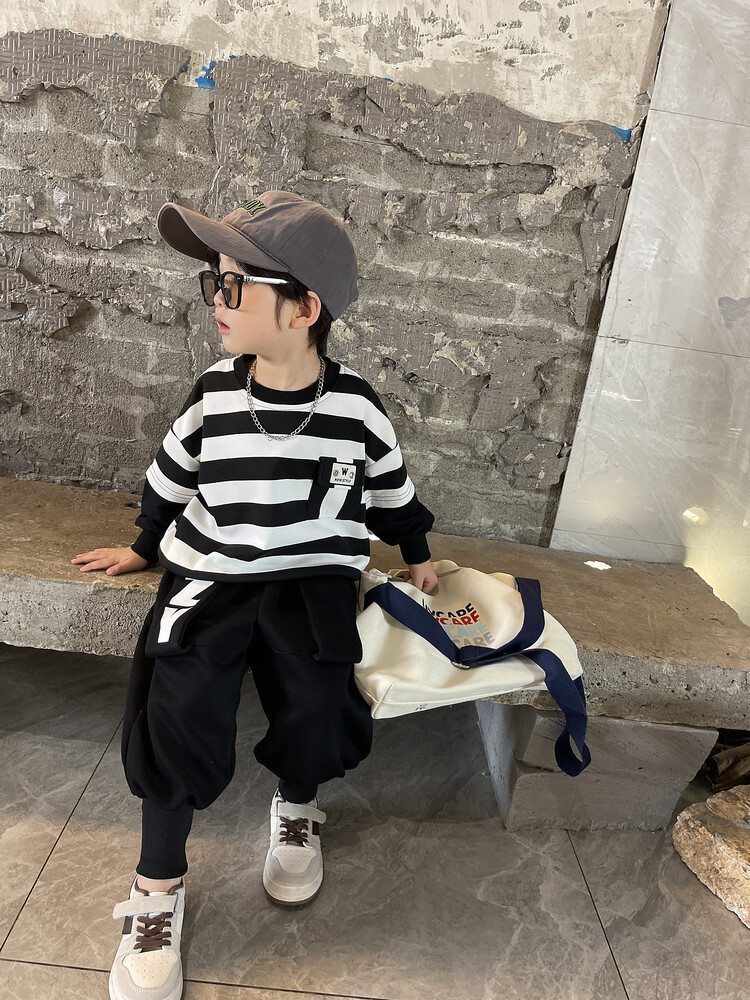 Suéteres de rayas para niños, botas, pantalones, ropa de primavera y otoño, nuevo conjunto de dos piezas moderno y moderno para niños,_voghion.com