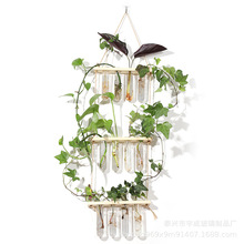 復古實木水培試管玻璃壁掛牆面裝飾花瓶家居植物懸掛壁飾三層四孔