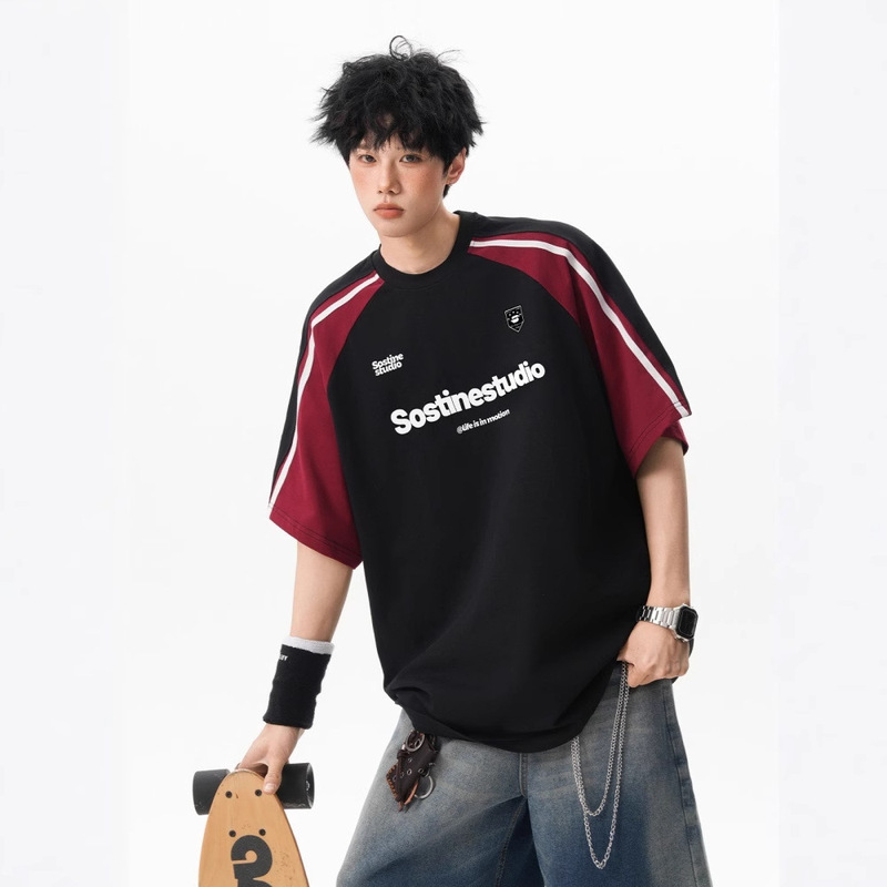 Vintage Heavy-Duty Patchwork Color-Block Short-Sleeve Unisex 2026 Summer Trendy College Style Letter Print Couple Half-Sleeve T-Shirt