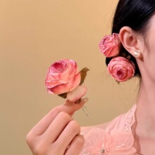 一枝粉荔~超仙粉色玫瑰花朵发簪发钗2026新款海边度假头饰女头花