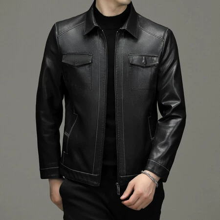 Demi-season thin warm jacket, genuine leather