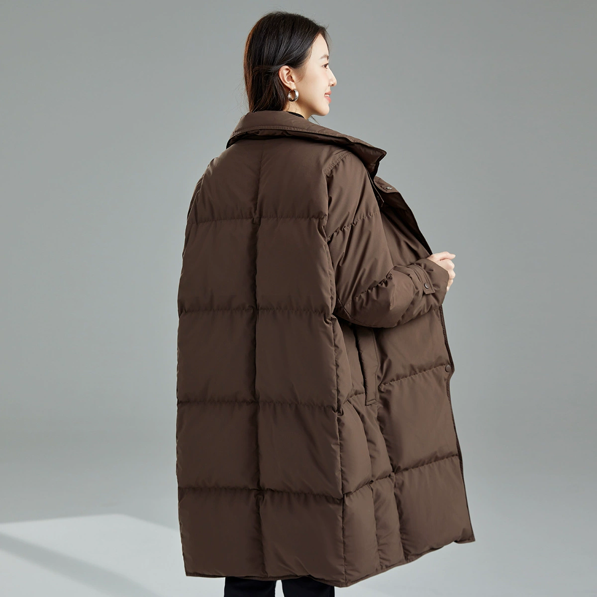 Down jacket, goose down, increased thickness, loose fit, coffee/black/white, sizes S–L