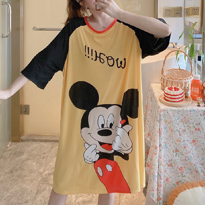 Comercio exterior camisón de verano de las mujeres de manga corta pijamas de dibujos animados delgada de doble cara de seda impresa vestido cultural ropa para el hogar