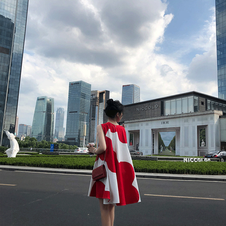 Maternity Dress 2024 Summer Round Neck New Cute Sleeveless Very Fairy Red Stitching Fresh Korean Style