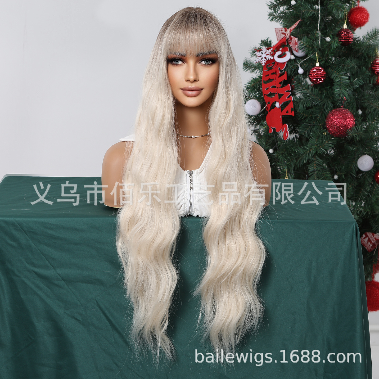 Peluca de Navidad de estilo europeo y americano blanco dorado superior gradiente flequillo onda grande pelo largo y rizado pelo completo cubierta de la cabeza
