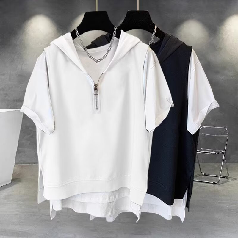 Summer Japanese trend design short sleeve T-shirt with zipper with…