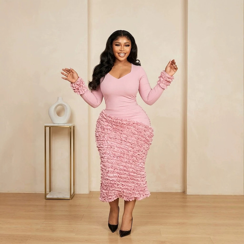 New Foreign Trade Cross-Border Solid Color U-Neck Long-Sleeve Dress with Textured Pleats, Slim Fit, Hip-Hugging Mid-Length Dress, Fashionable and Elegant