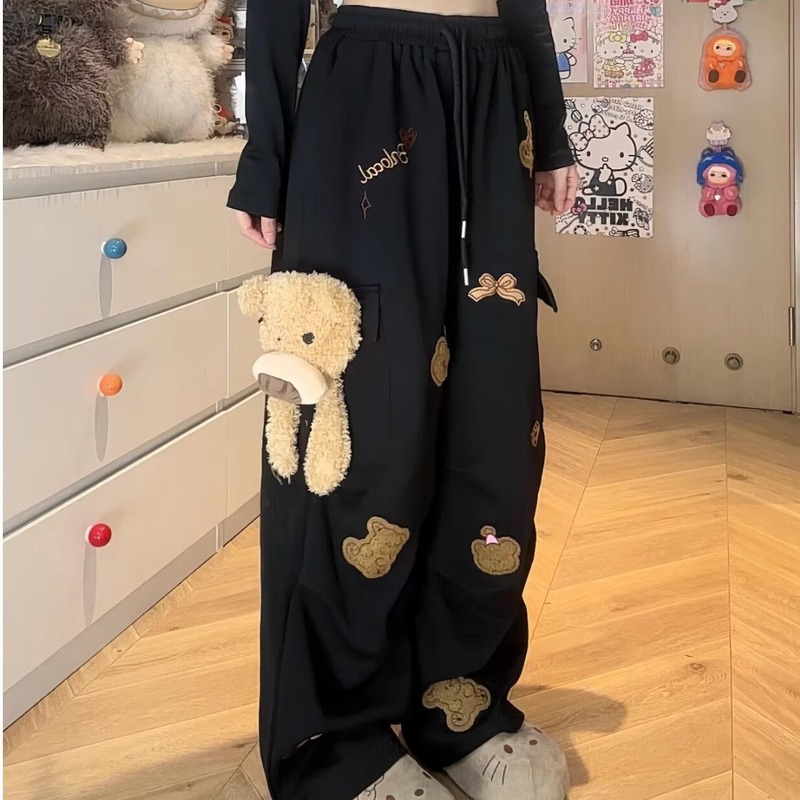 跨境黑色抽绳刺绣休闲裤子2025秋季新款女小个子宽松直筒拖地裤|undefined