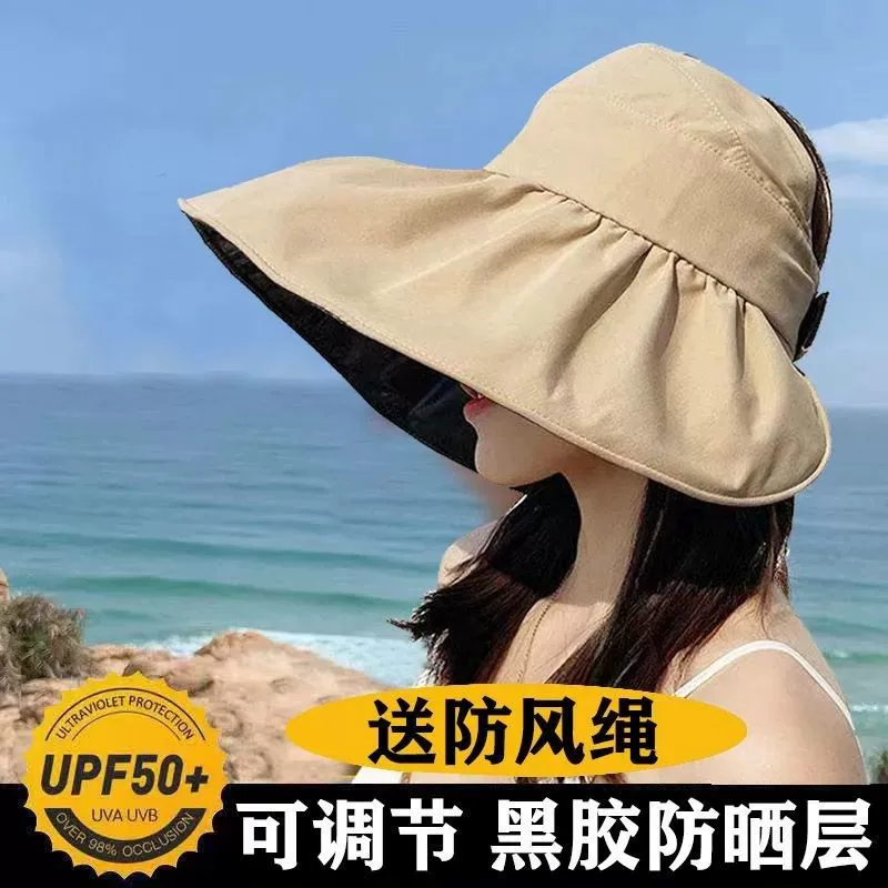 New Spring and Summer Large-Brimmed Black Rubber Sun Hat for Women, Breathable, Foldable, Ponytail-Friendly, Versatile Outdoor Sun Protection Beach Hat