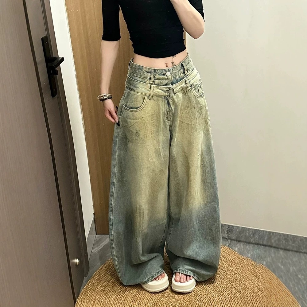 美式高街设计感翻折腰头牛仔裤子女夏季新款辣妹做旧泥染拖地长裤