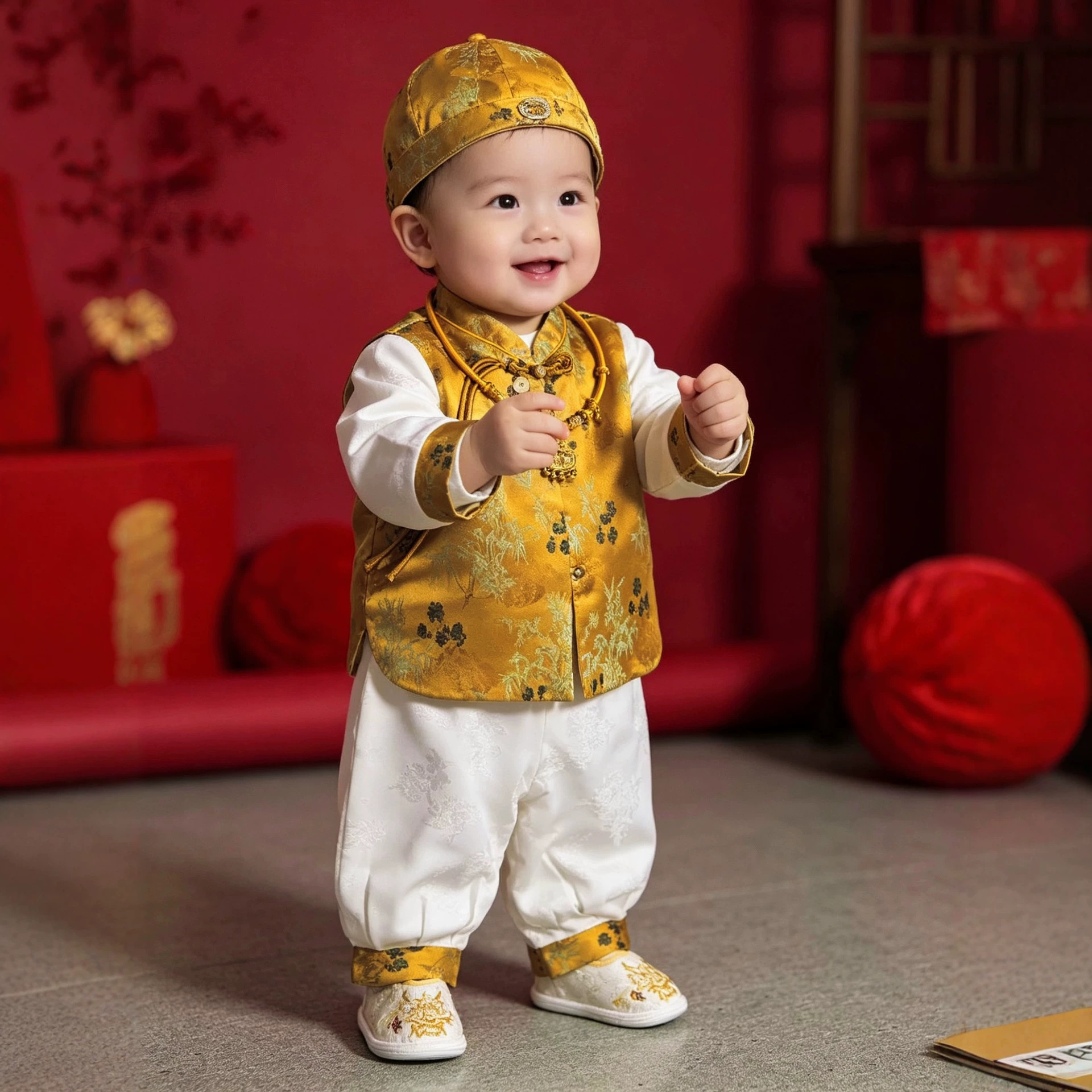 Baby's first birthday traditional Chinese outfit for boys, new Chinese-style gold vest set, birthday celebration attire for infants