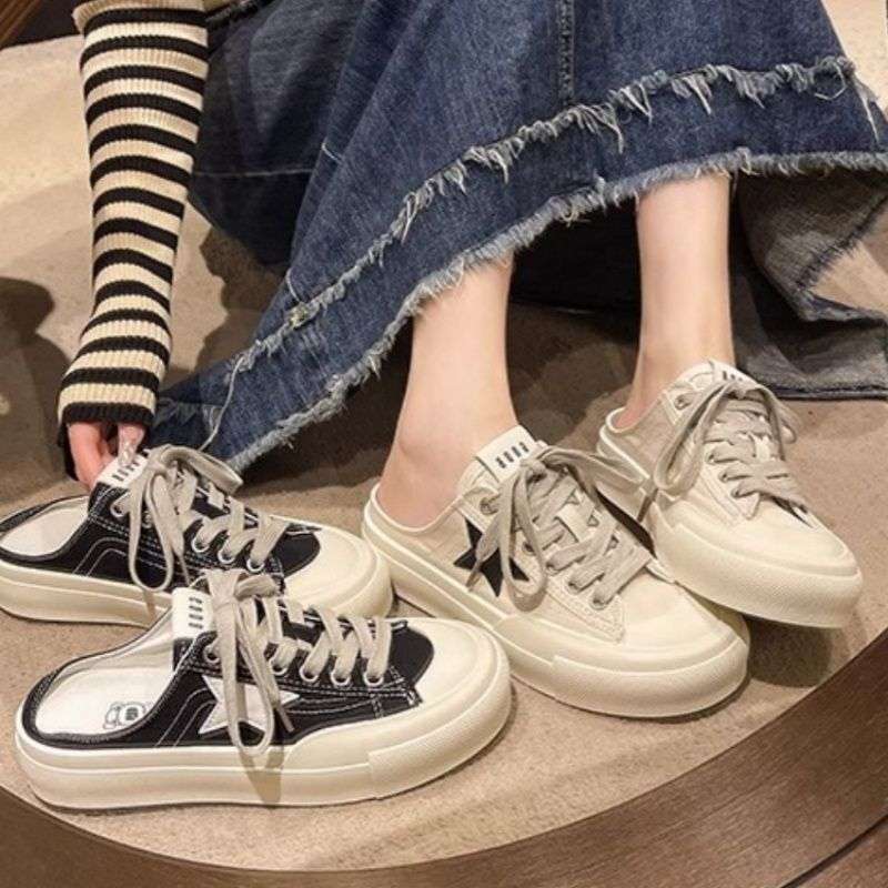 Baotou Half Slippers for Women 2025 New Summer Outer Wear Casual Canvas Shoes Without Heel Versatile Lazy Thick Sole Ins