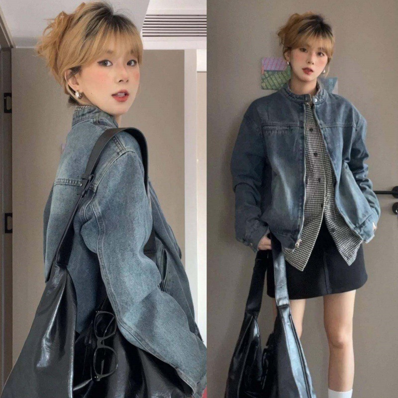 做旧牛仔长袖外套春秋显瘦别致百搭时髦外搭开衫夹克潮牛仔外套女