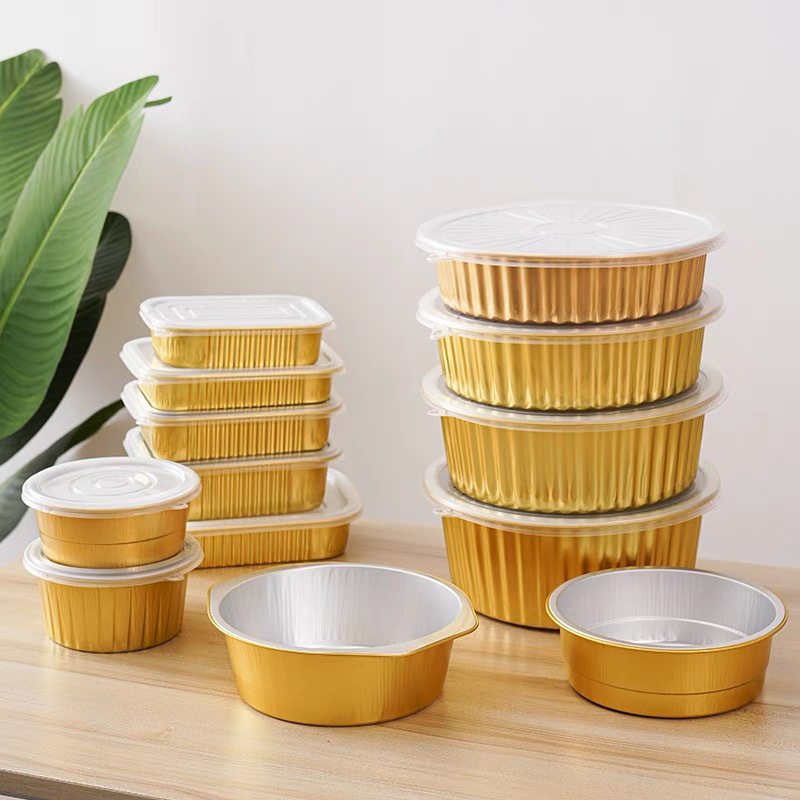 Golden Round Disposable Tinfoil Packaging Box Fo Tze Wall Pre-Made Vegetable Sealing Aluminum Foil Box Commercial Grilled Shrimp Box Wholesale