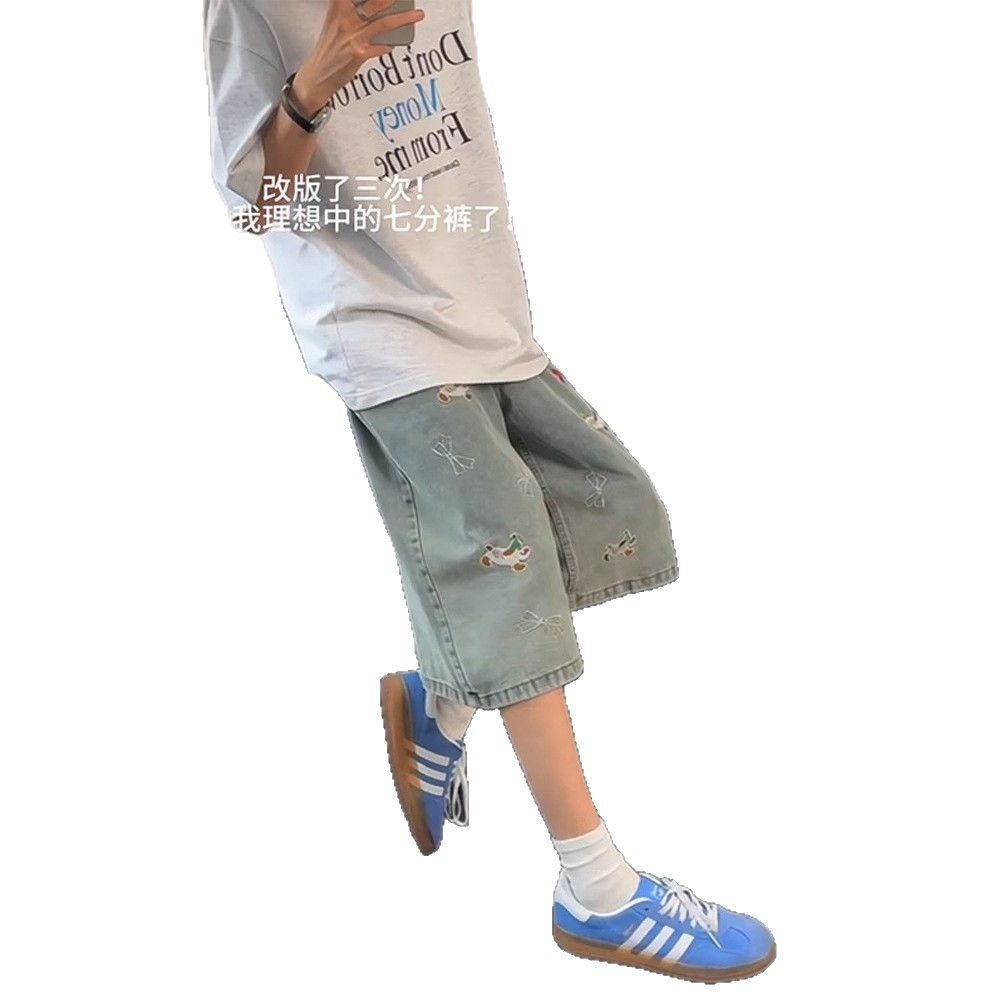 Cleanfit Embroidered Puppy Cropped Denim Shorts Men's Summer Trendy American Retro Washed Wide-Leg Pants