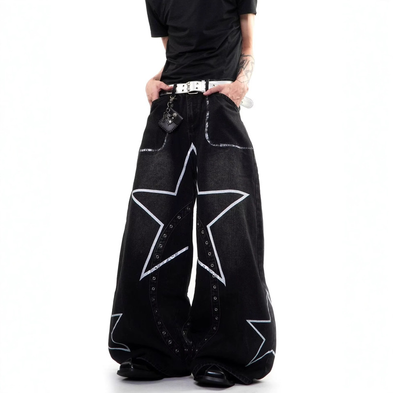 American Street Style Washed Star-Shaped Dark Graffiti Deconstructed Jeans Unisex Niche Wide-Leg Scimitar Long Pants American Street Style Washed Star-Shaped Dark Graffiti Deconstructed Jeans Unisex Niche Wide-Leg Scimitar Long Pants