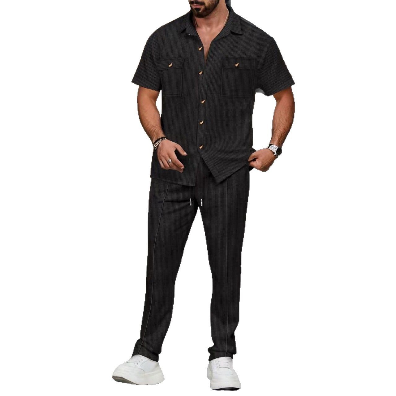Nuevo hombre transfronterizo estación independiente europea y americana verano nuevo botón de bolsillo camisa de manga corta pantalones largos de dos piezas