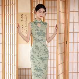 2026夏季新款新中式丝绒印花拼接花边开叉大摆裙性感无袖连衣裙