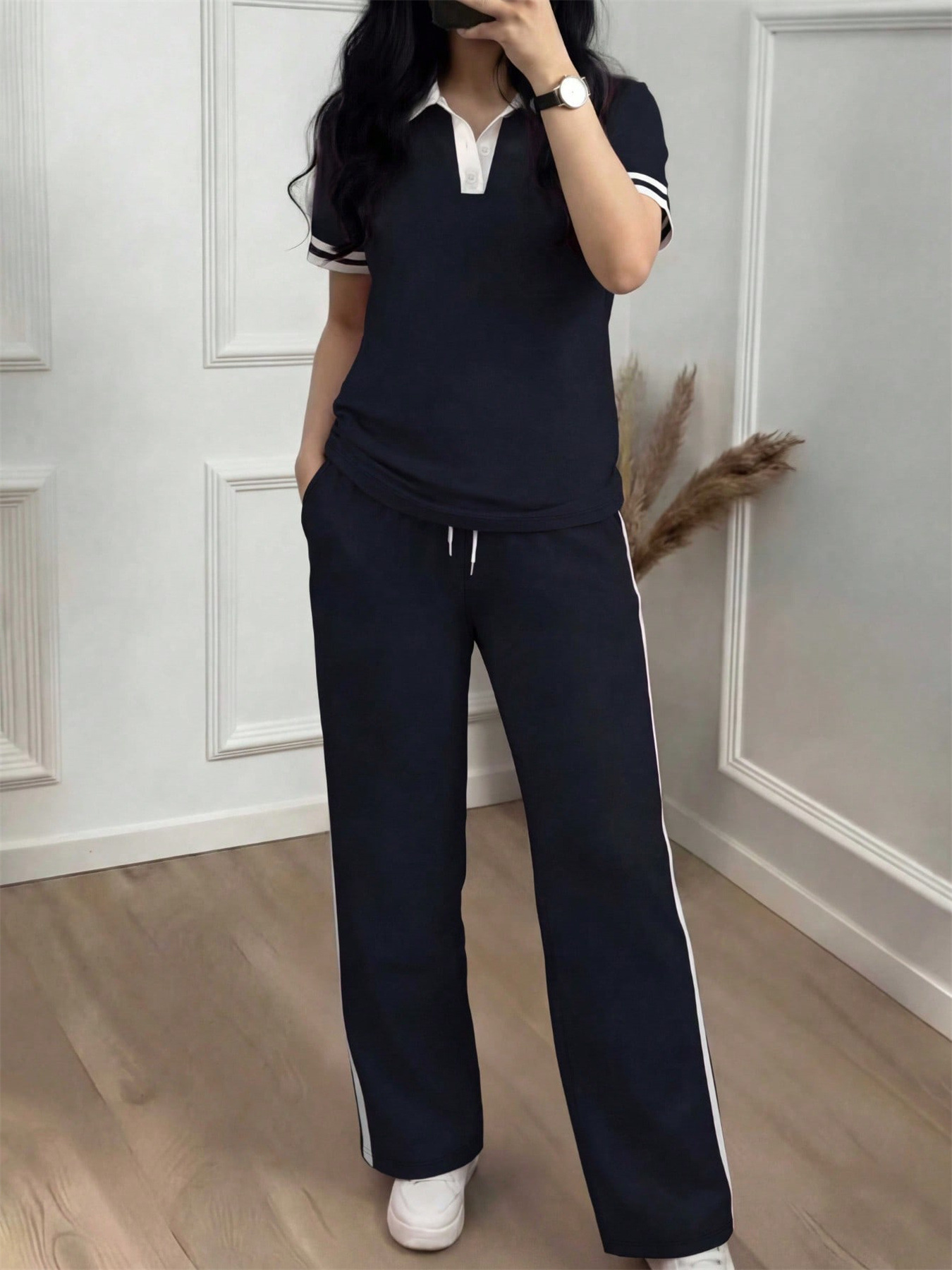 Women's Casual Color Block Polo Neck Top with Striped High-Waisted Drawstring Trousers Set Comfortable Summer Pant Set_ecoleips.com