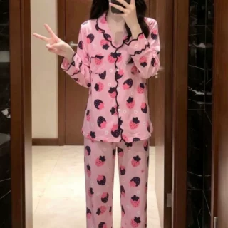 甜美少女草莓印花睡衣女士早秋长袖长裤亲肤舒适家居服套装可外穿