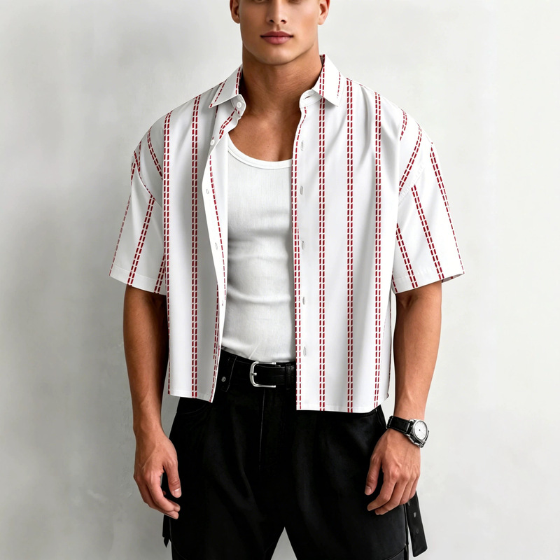 White shirt with red vertical dotted lines, drop shoulder, short sleeve, turn-down collar, men's summer loose casual top White shirt with red vertical dotted lines, drop shoulder, short sleeve, turn-down collar, men's summer loose casual top