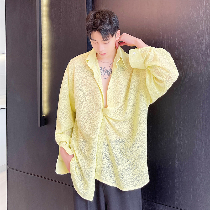 2023 Early Autumn Jacquard Lace Long Sleeve Shirt for Men, Semi-Transparent Thin Top H72