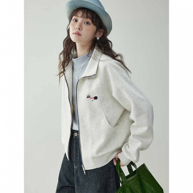 Embroidered Jacket Double Zipper Thin Sweatshirt for Women 2026 Spring New Style Stand Collar Cardigan Casual Versatile Long-Sleeved Top