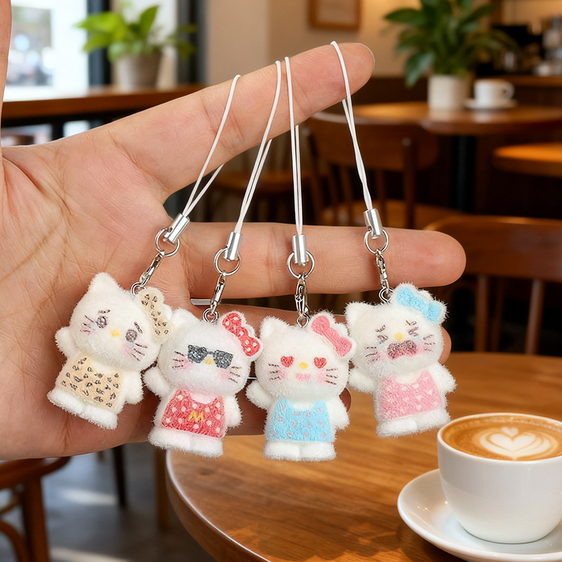 Resin Flocking Small Pendant Cartoon Stereo Kt Cat Pendant DIY Keychain Mobile Phone Chain Bag Accessories Material Wholesale