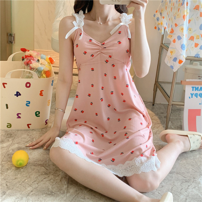 2023 pijamas de las mujeres del verano Correa camisón chica lindo encaje dulce princesa viento cinturón pecho pad desgaste en el hogar