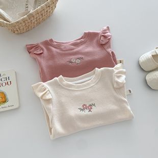 Girls Simple Base Shirt 0-5 Years Old Autumn South Korea Children's Wear Baby Western Style Embroidered T-Shirt Children's Autumn Wear AY548