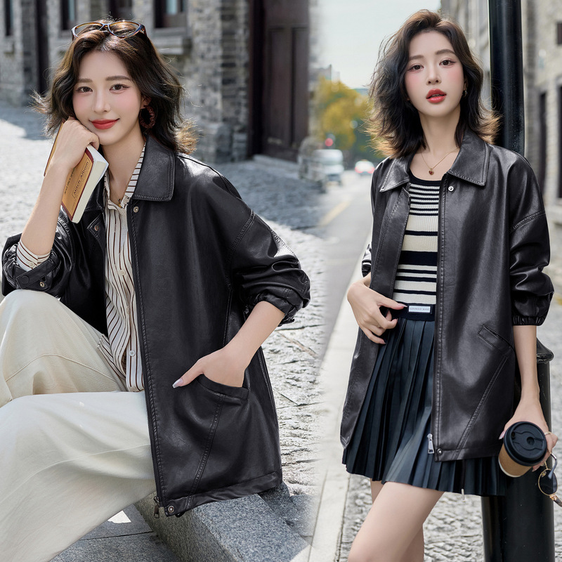 专柜绵羊皮皮衣女2025新款时尚翻领中长款皮外套女士百搭气质风衣|undefined