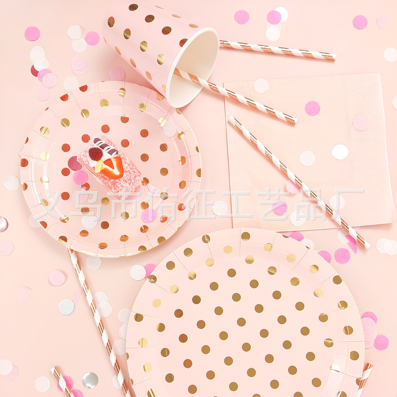 [Low Price Promotion] Disposable Bronzing Point Pink Green Paper Plate suit Party Party Decoration Plate Meal