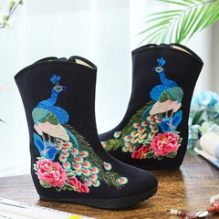 單靴  亮片孔雀牡丹帆布繡花內增高坡跟繡花布靴 短靴 布鞋